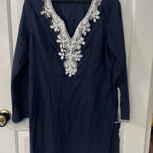 Navy Blue Tunic with White Embroidery